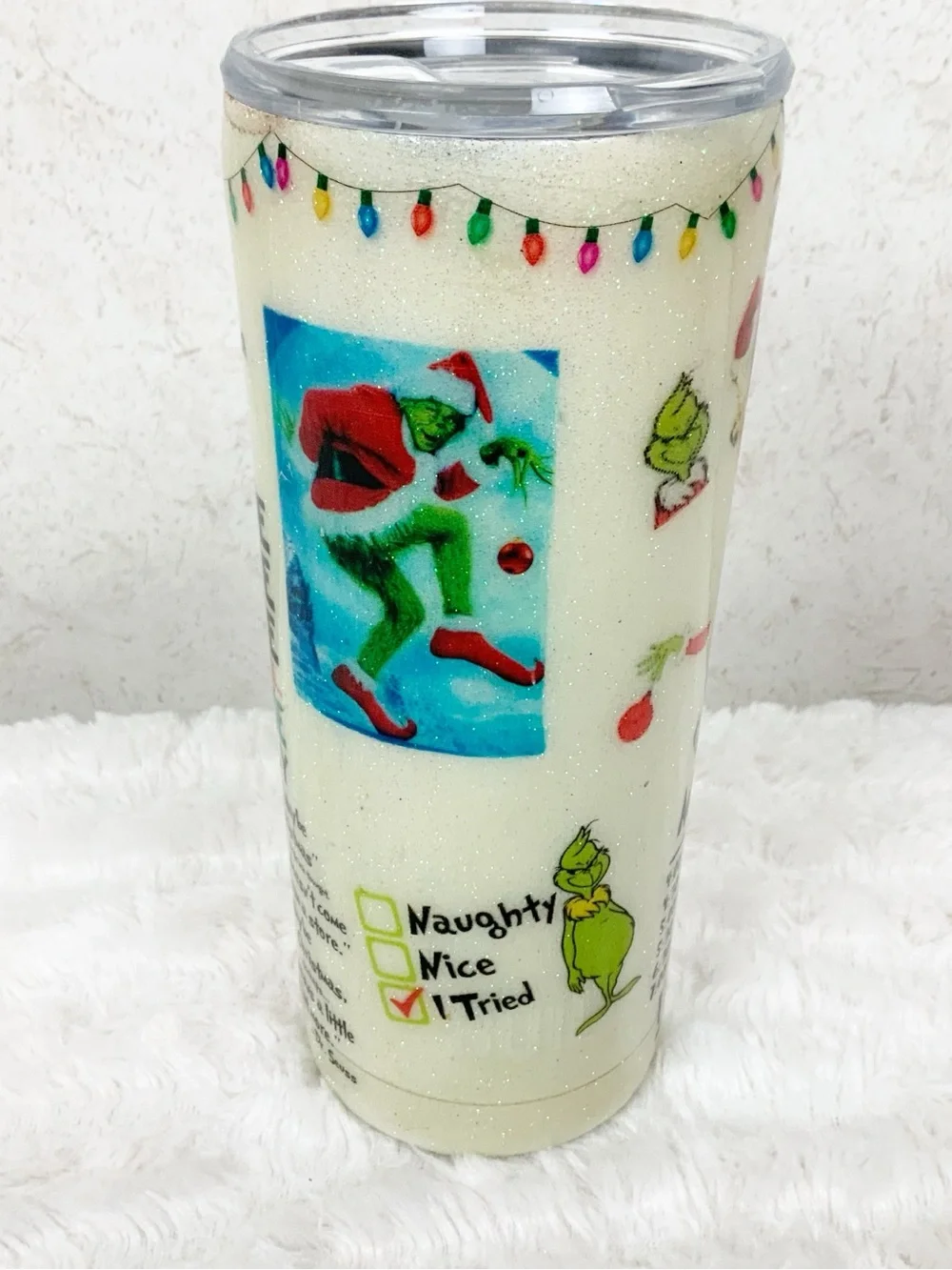 Handmade Glitter Grinch Christmas Steel Tumbler Lid Travel Coffee Cup Holiday